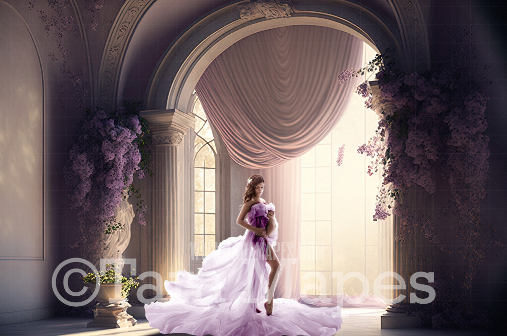 White and Lavender Room Digital Backdrop - White and Lilac Room with Pillars and Curtains- White and Purple Room with Flowers - White Room with Windows -  Digital Background JPG
