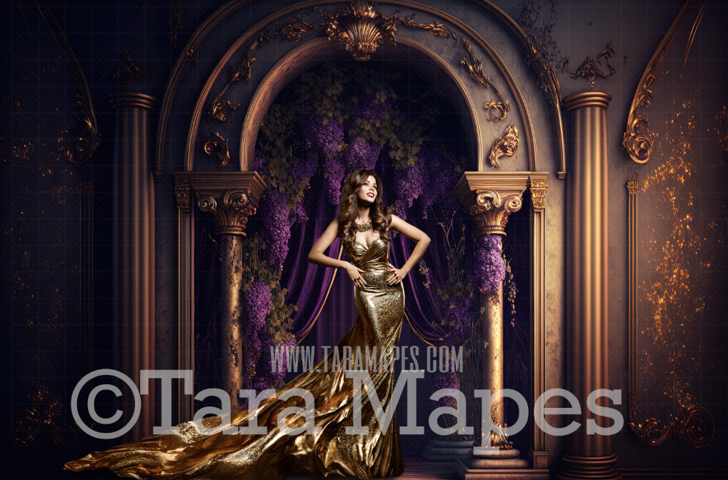 Gold and Purple Ornate Room Digital Backdrop - Purple and Gold Room with Pillars and Curtains- Dramatic Room with Flowers - Digital Background JPG