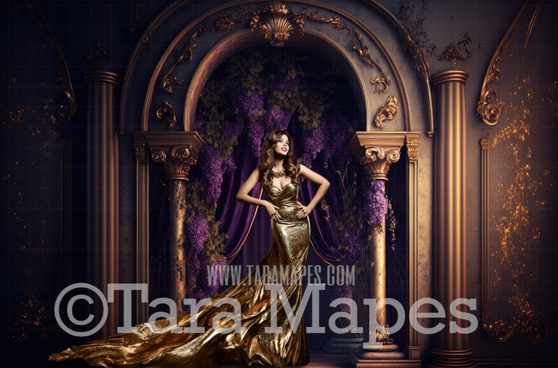 Gold and Purple Ornate Room Digital Backdrop - Purple and Gold Room with Pillars and Curtains- Dramatic Room with Flowers -  Digital Background JPG