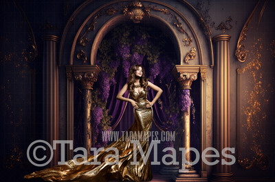 Gold and Purple Ornate Room Digital Backdrop - Purple and Gold Room with Pillars and Curtains- Dramatic Room with Flowers -  Digital Background JPG