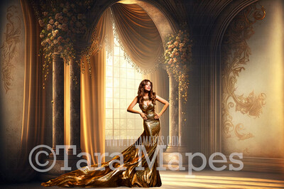 Gold Ornate Room Digital Backdrop - Gold Room with Pillars and Curtains- Dramatic Gold Room with Flowers -  Digital Background JPG