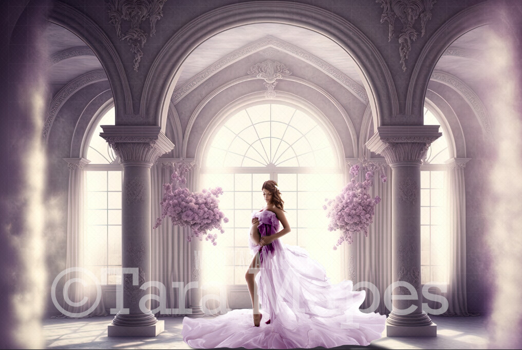 White and Lavender Room Digital Backdrop - White and Lilac Room with Pillars and Curtains- White and Purple Room with Flowers - White Room with Windows - Digital Background JPG
