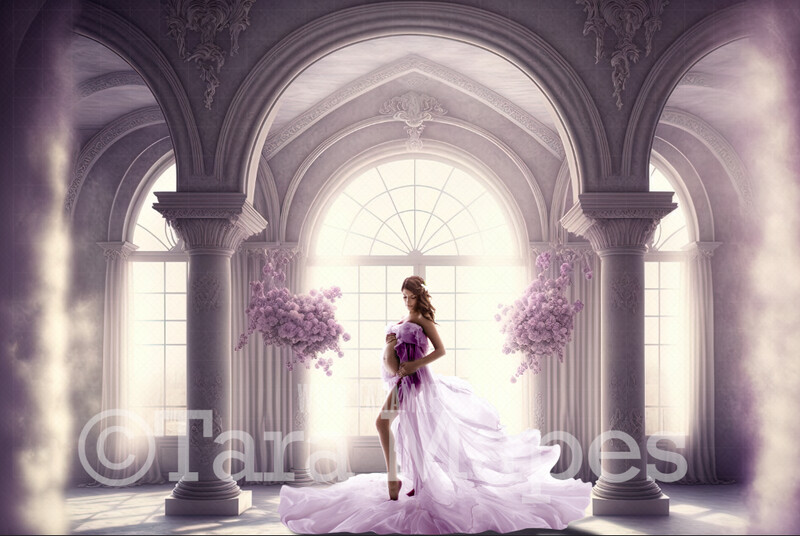 White and Lavender Room Digital Backdrop - White and Lilac Room with Pillars and Curtains- White and Purple Room with Flowers - White Room with Windows -  Digital Background JPG