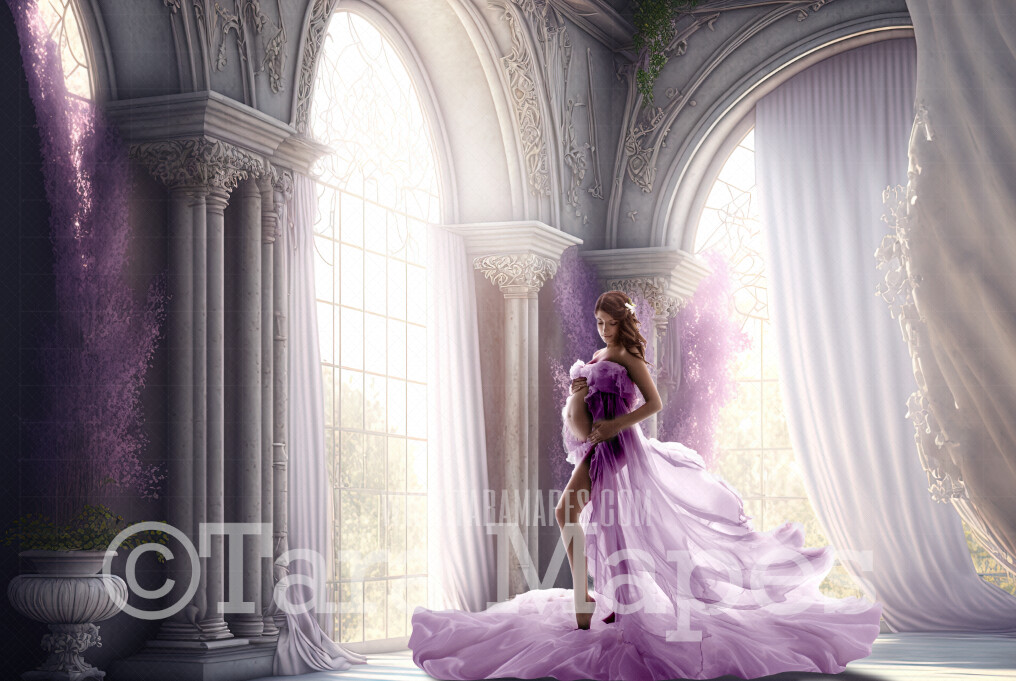 White and Lavender Room Digital Backdrop - White and Lilac Room with Pillars and Curtains- White and Purple Room with Flowers - White Room with Windows -  Digital Background JPG