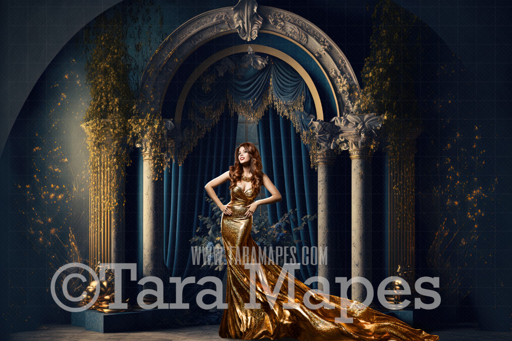 Gold and Navy Blue Ornate Room Digital Backdrop - Navy Blue and Gold Room with Pillars and Curtains- Dramatic Gold and Blue Room with Flowers - Digital Background JPG