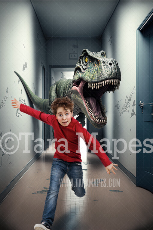 Funny Dinosaur Digital Backdrop - T-Rex Running in School Hallway - Trex Chase - Tyrannosaurus Rex Digital Background