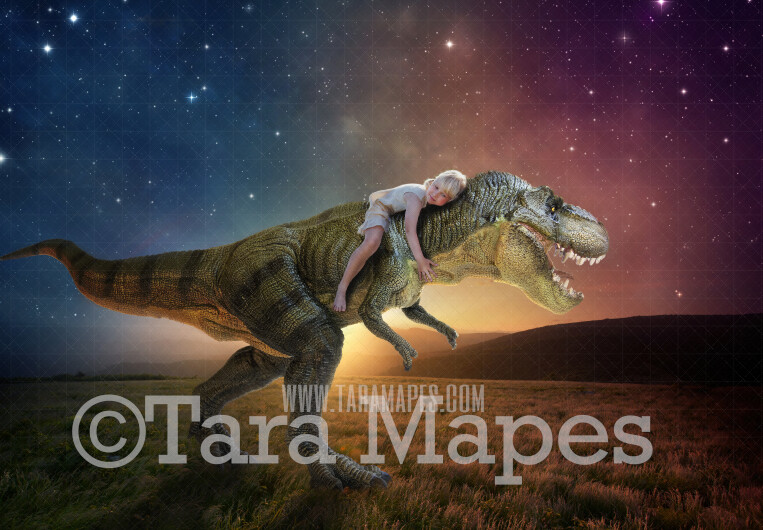 Dinosaur Digital Backdrop -T-Rex in Field under Starry Sky -Chase - Tyrannosaurus Rex Digital Background