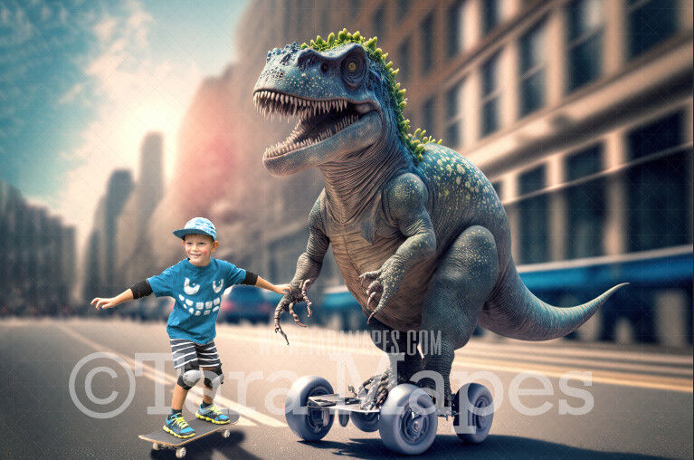 Funny Dinosaur Skateboarding Digital Backdrop - Dino on Skate Board - -  Dino Digital Background
