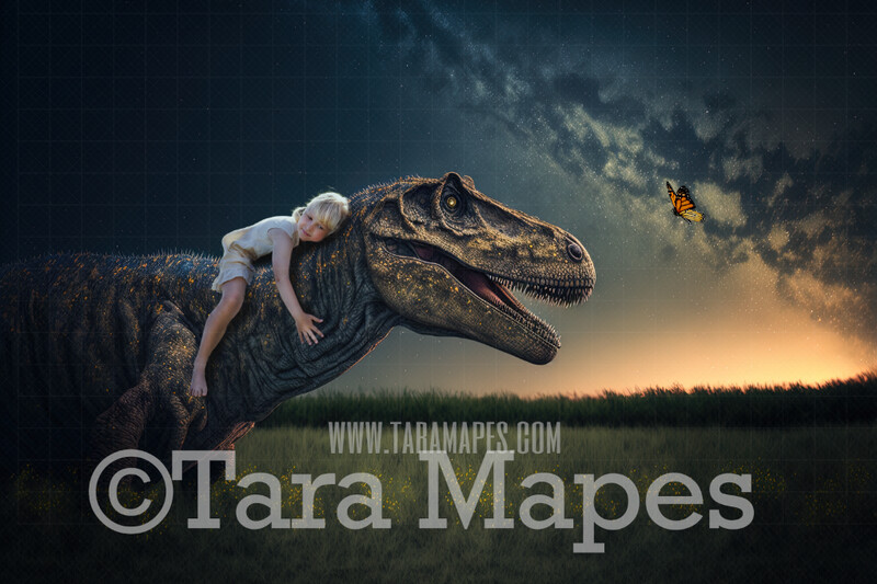 Dinosaur Digital Backdrop - Dino in Field under Starry Sky -Dinosaur with Butterfly Digital Background