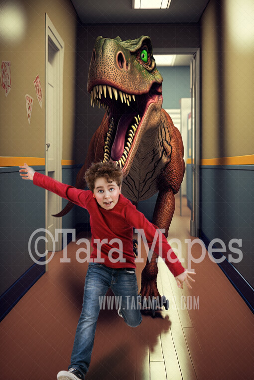 Funny Dinosaur Digital Backdrop - T-Rex Running in School Hallway - Trex Chase - Tyrannosaurus Rex Digital Background