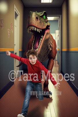 Funny Dinosaur Digital Backdrop - T-Rex Running in School Hallway - Trex Chase - Tyrannosaurus Rex Digital Background