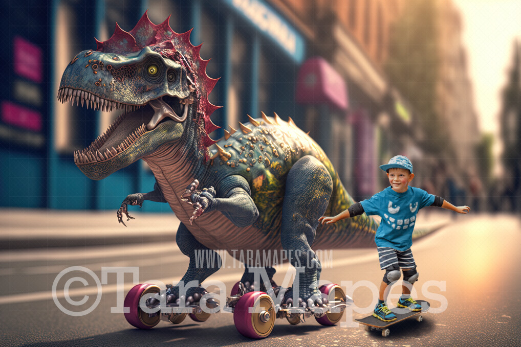 Funny Dinosaur Skating Digital Backdrop - Dino on Roller Skates - - Dino Digital Background