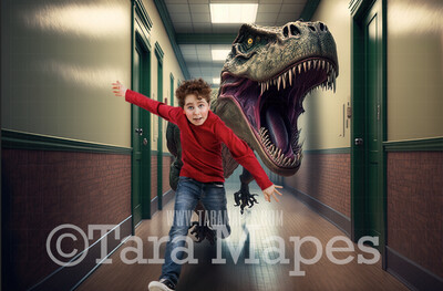 Funny Dinosaur Digital Backdrop - T-Rex Running in School Hallway - Trex Chase - Tyrannosaurus Rex Digital Background