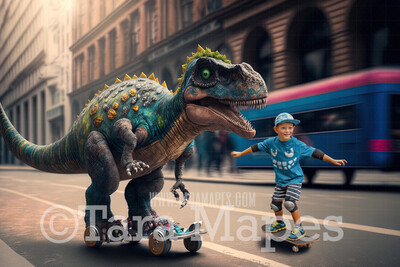 Funny Dinosaur Skateboarding Digital Backdrop - Dino on Skate Board - -  Dino Digital Background