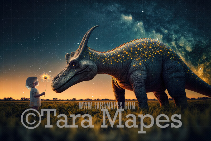 Dinosaur Digital Backdrop - Dino in Field under Starry Sky -Dinosaur with Butterfly Digital Background