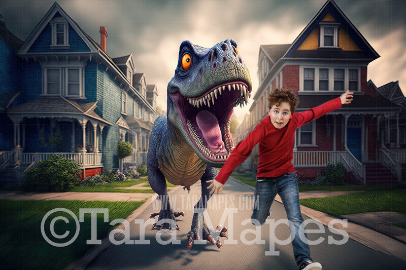 Funny Dinosaur Digital Backdrop - Dino Running Down Street - Dinosaur Chase in Neighborhood - Tyrannosaurus Rex Digital Background