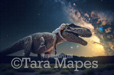 Dinosaur Digital Backdrop - Dino in Field under Starry Sky -Dinosaur with Butterfly Digital Background