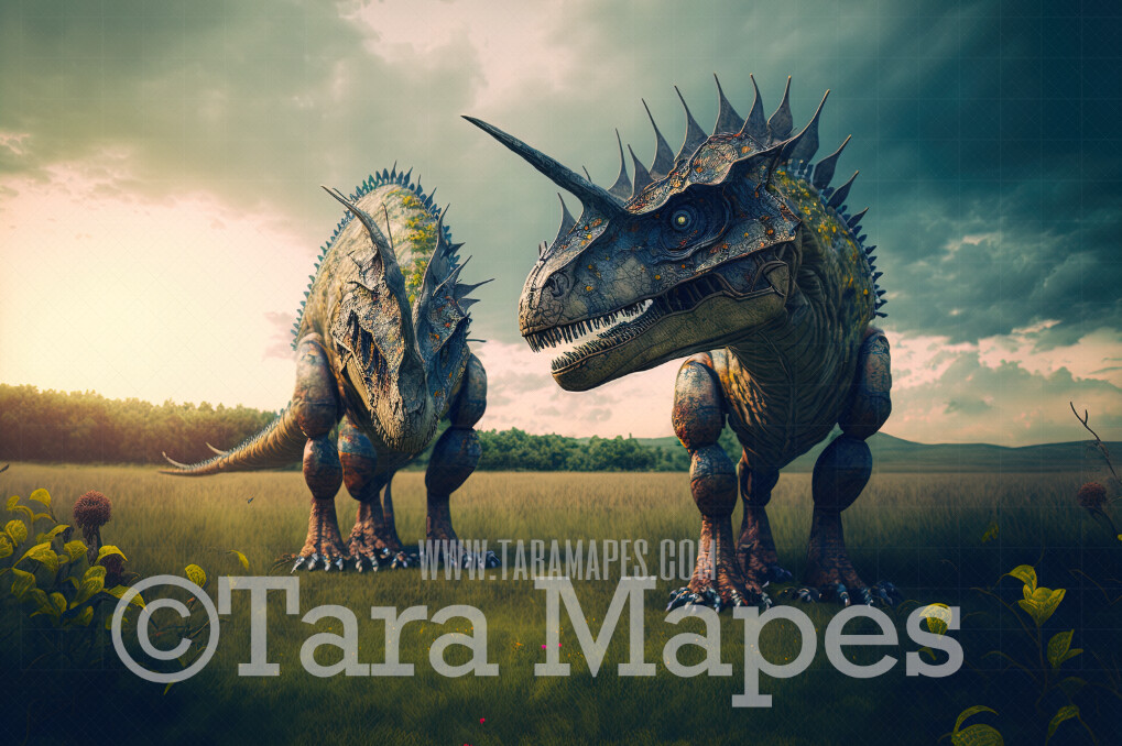 Dinosaurs Digital Backdrop - Dinos in Field - Dinosaur Digital Background