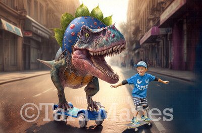 Funny Dinosaur Skateboarding Digital Backdrop - Dino on Skate Board - -  Dino Digital Background