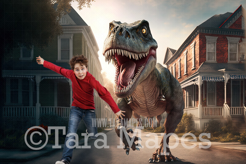 Funny Dinosaur Digital Backdrop - T-Rex Running Down Street - Trex Chase in Neighborhood - Tyrannosaurus Rex Digital Background