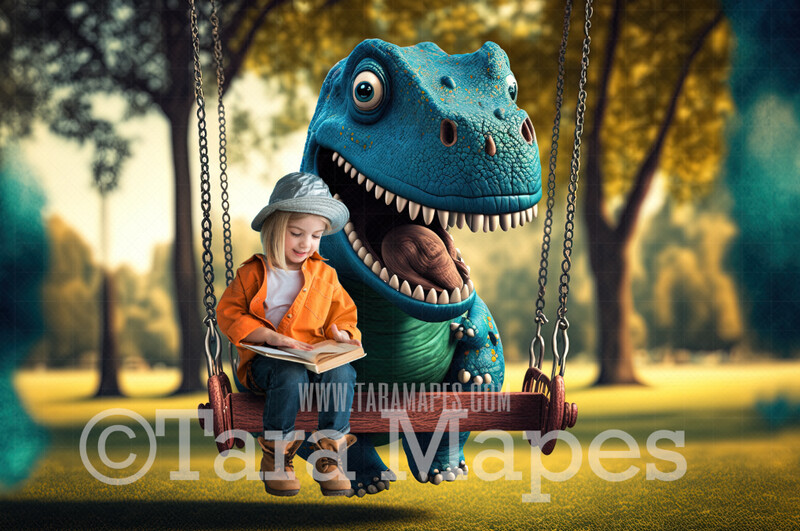 Funny Dinosaur Digital Backdrop - Dinosaur Pushing Swing in Park - Dino Digital Background