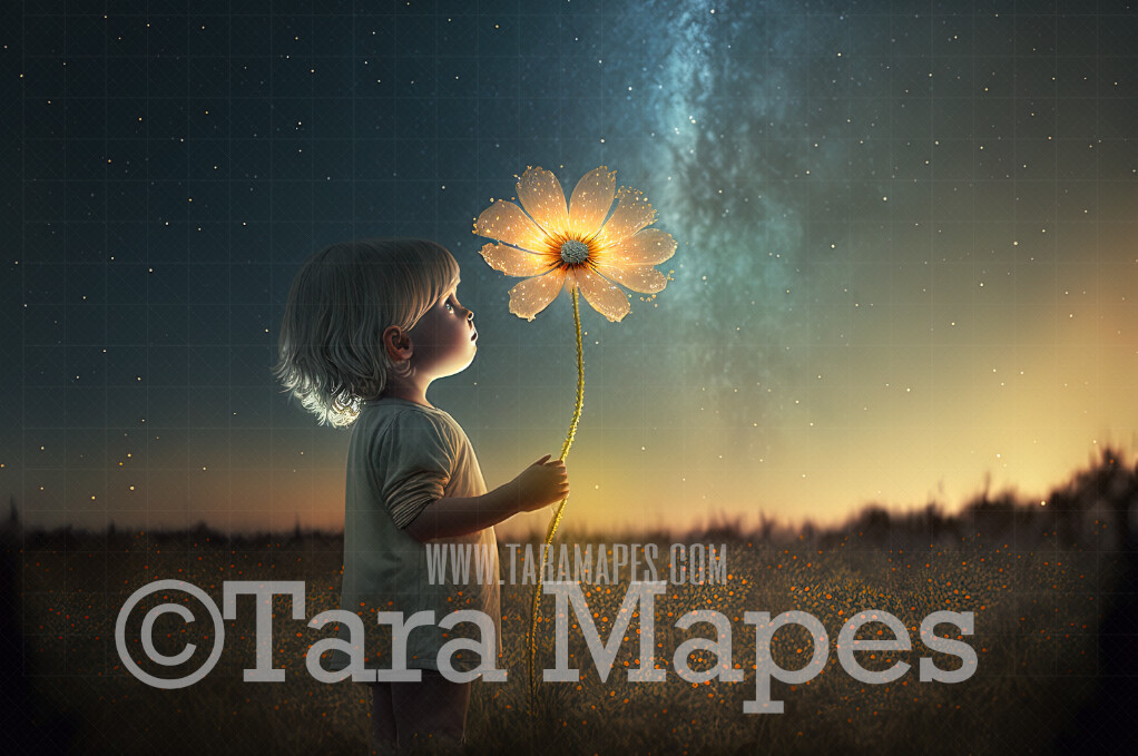 Fantasy Sunflower Digital Backdrop - Glowing Sunflower in Field under Starry Night- Fantasy Flower Digital Background