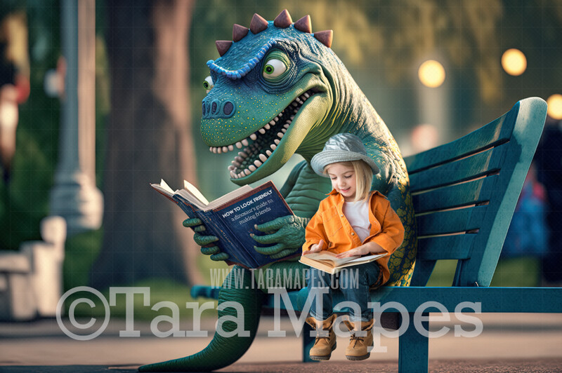 Funny Dinosaur Digital Backdrop - Dinosaur Reading Book in Park - Dino Digital Background