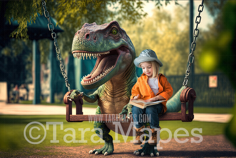 Funny Dinosaur Digital Backdrop - Dinosaur Pushing Swing in Park - Dino Digital Background