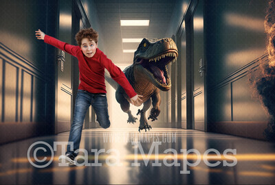 Funny Dinosaur Digital Backdrop - T-Rex Running in School Hallway - Trex Chase - Tyrannosaurus Rex Digital Background