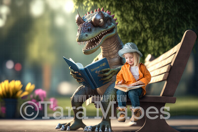 Funny Dinosaur Digital Backdrop - Dinosaur Reading Book in Park - Dino Digital Background