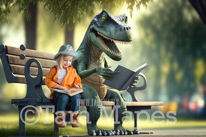 Funny Dinosaur Digital Backdrop - Dinosaur Reading Book in Park - Dino Digital Background