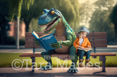 Funny Dinosaur Digital Backdrop - Dinosaur Reading Book in Park - Dino Digital Background