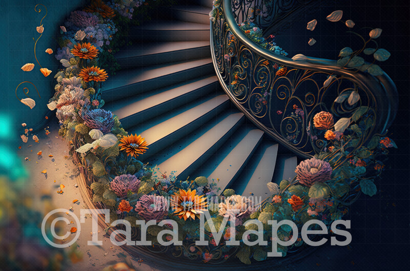 Fantasy Stairs Digital Backdrop - Overhead View of Castle Staircase with Cascading Flowers - Flower Stairs - Floral Stairs - Fairytale Valentine Digital Background JPG