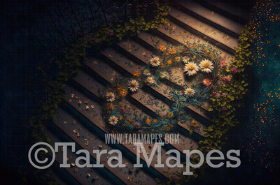 Fantasy Stairs Digital Backdrop - Overhead View of Castle Staircase with Cascading Flowers  - Flower Stairs -  Floral Stairs - Fairytale Valentine Digital Background JPG