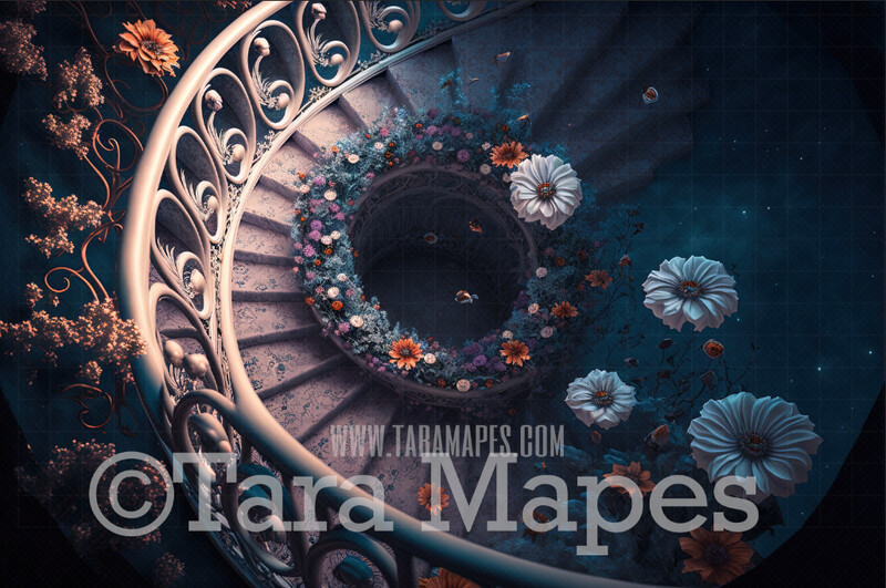 Fantasy Stairs Digital Backdrop - Overhead View of Castle Staircase with Cascading Flowers  - Flower Stairs -  Floral Stairs - Fairytale Valentine Digital Background JPG