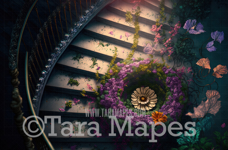 Fantasy Stairs Digital Backdrop - Overhead View of Castle Staircase with Cascading Flowers  - Flower Stairs -  Floral Stairs - Fairytale Valentine Digital Background JPG