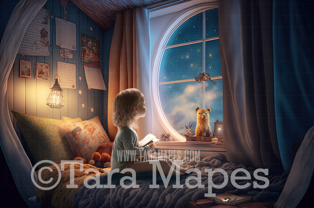 Whimsical Bedroom Digital Backdrop - Magical Bedroom with Window - Big Window with Starry Night Sky with Moon in Surreal Bedroom - Window Digital Background JPG