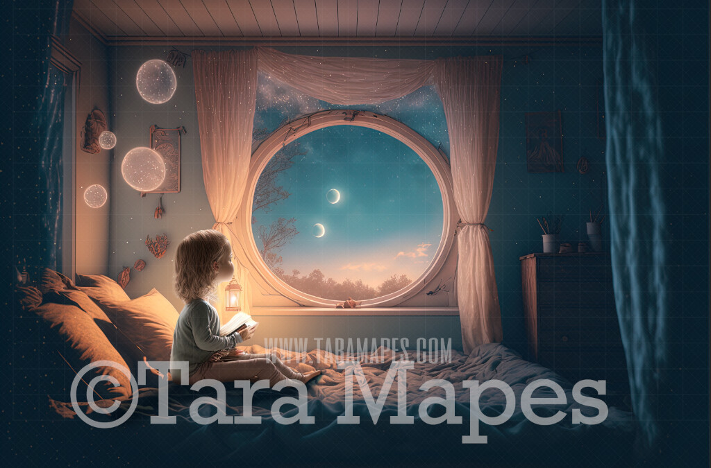 Magical Bedroom Digital Backdrop - Whimsical Bedroom with Window - Big Window with Starry Night Sky in Surreal Bedroom - Window Digital Background JPG