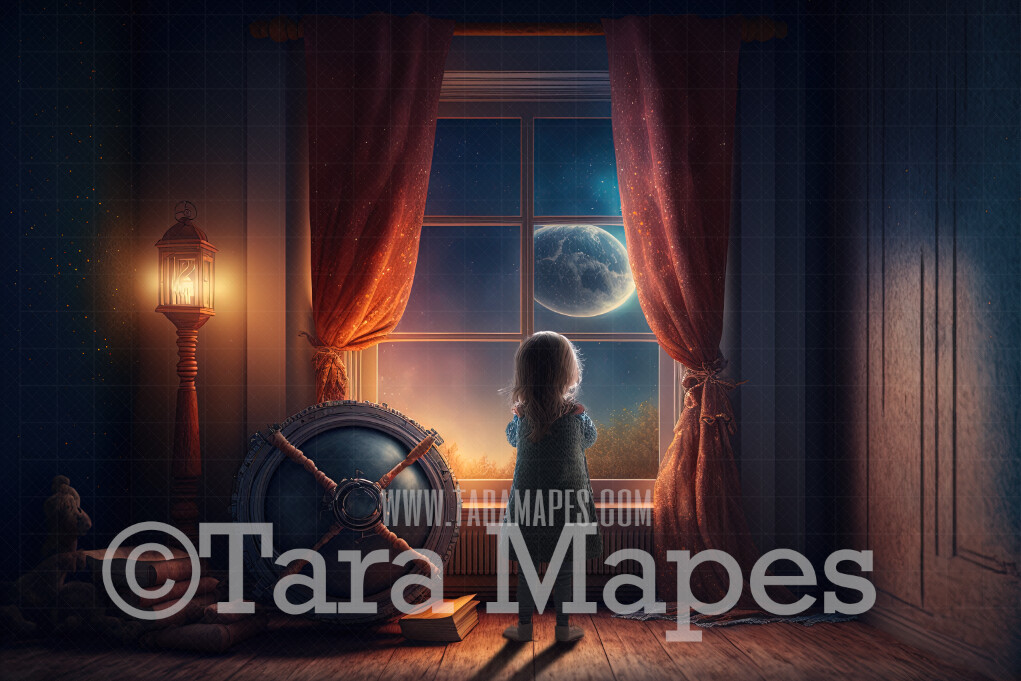 Whimsical Window with Surreal Moon - Big Window with Starry Night Sky in Magical Bedroom - Window Digital Background JPG