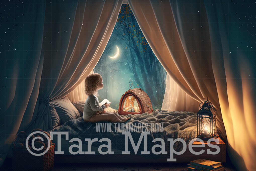 Whimsical Bedroom Digital Backdrop - Magical Bedroom with Window - Big Window with Starry Night Sky with Moon in Surreal Bedroom - Window Digital Background JPG