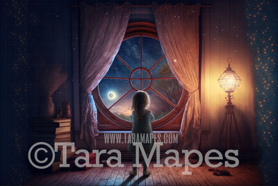Whimsical Window with Surreal Moon - Big Window with Starry Night Sky in Magical Bedroom - Window Digital Background JPG