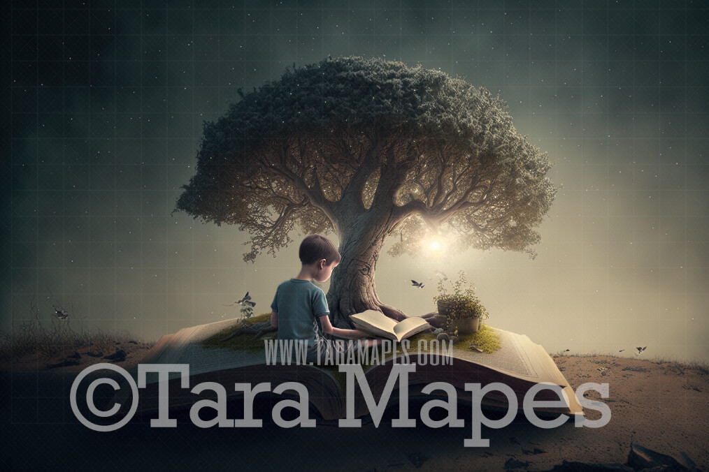 Whimsical Tree Growing From Book Digital Backdrop - Tree Book Digital Background - Book with Tree Digital Background JPG