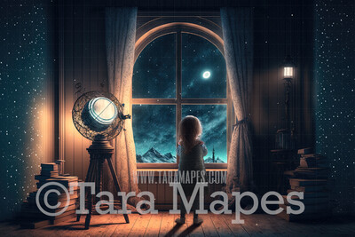 Whimsical Window with Surreal Moon - Big Window with Starry Night Sky in Magical Bedroom - Window Digital Background JPG
