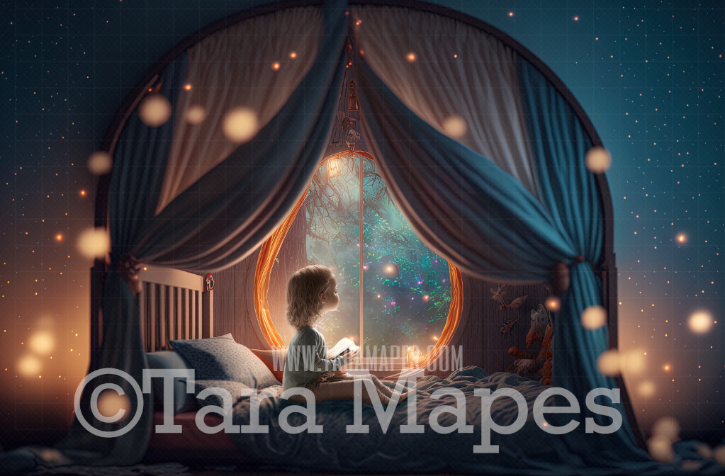 Whimsical Bedroom Digital Backdrop - Magical Bedroom with Window - Big Window with Starry Night Sky in Surreal Bedroom - Window Digital Background JPG