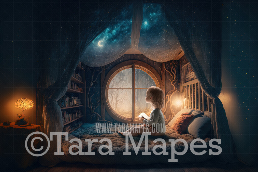 Whimsical Bedroom Digital Backdrop - Magical Bedroom with Window and Tree Roots - Big Window with Starry Night Sky with Moon in Surreal Bedroom - Window Digital Background JPG