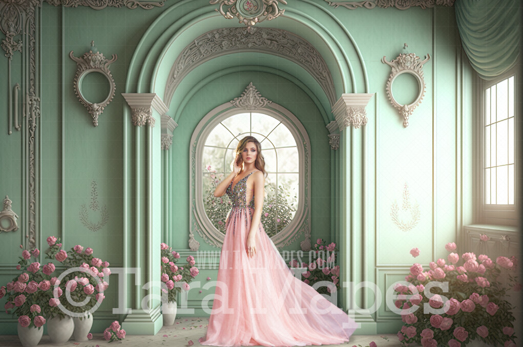 Mint and Pink Ornate Room Digital Backdrop - Vintage Room with Roses - Victorian Room with Flowers  Digital Background JPG