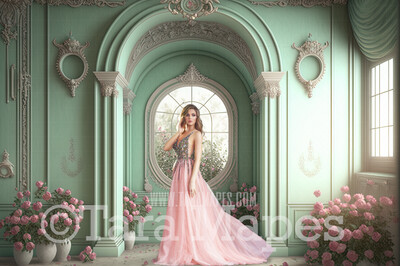 Mint and Pink Ornate Room Digital Backdrop - Vintage Room with Roses - Victorian Room with Flowers  Digital Background JPG