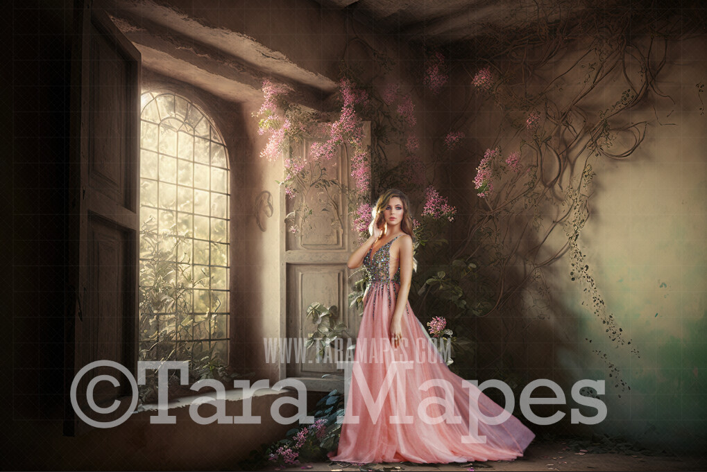 Overgrown Room Digital Backdrop - Abandoned Vintage Room with Overgrown Vines Flowers and Plants - Grunge Room with Flowers  Digital Background JPG