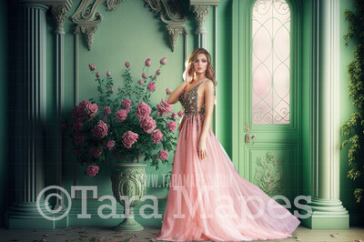 Mint and Pink Ornate Room Digital Backdrop - Vintage Room with Roses - Victorian Room with Flowers  Digital Background JPG