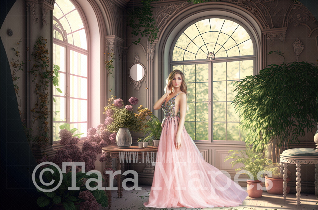 Green and Pink Ornate Room Digital Backdrop - Vintage Room with Flowers and Plants - Victorian Room with Flowers  Digital Background JPG